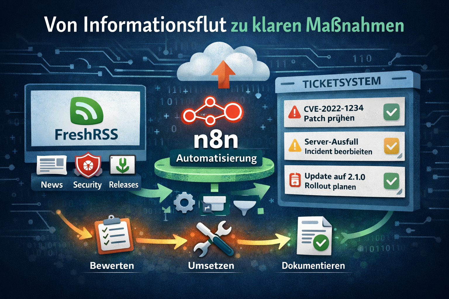 Wie aus Informationsflut klare Maßnahmen werden (FreshRSS + n8n + Ticketsystem)